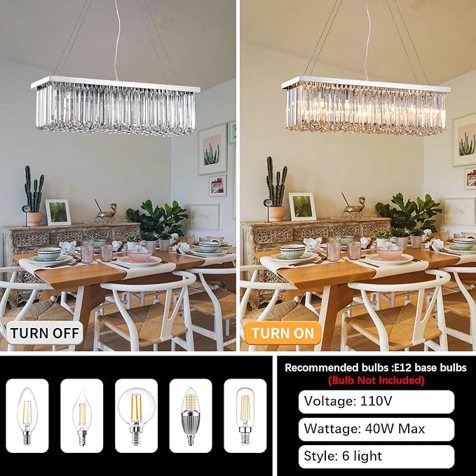 Modern Silver Rectangular Crystal Chandelier, Dining Room Chandeliers Over Table, Luxury Chrome Pendant Ceiling Light Fixtures for Kitchen Island, Living Room, Bar of CRYSTOP