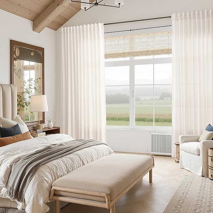 Ivory White Linen Curtains for Living Room 94 Inches Long Light Filtering Semi Sheer Curtain Back Tab Rustic Luxury Neutral Modern Farmhouse Decor Drapes for Bedroom Dinner Room 52x94, 2 Panels