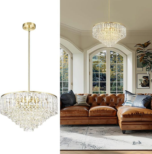 20'' Gold Crystal Chandelier,7-Tier Vintage Hanging lamp, Chandeliers for Dining Room Kitchen Island Bedroom Entryway, CC4215-7W-PG