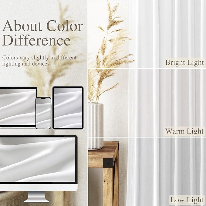 Nanspring White Linen Curtains 84 Inch Length 2 Panels Set for Living Room Back Tab Light Filtering Semi Sheer Curtain for Bedroom Farmhouse Drapes, 60x84 Inch, 2 Panels