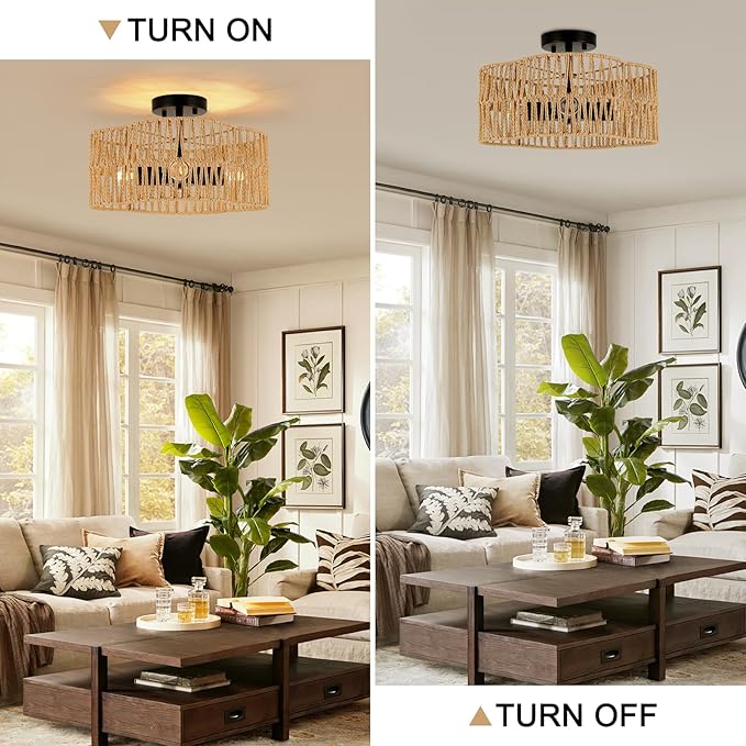 13.4" Boho Light Fixtures Flush Mount,Modern 4-Light Rattan Ceiling Light Fixtures,Flower-Shaped Close to Ceiling Light Fixture for Bedroom Nursery Hallway Kichen Room