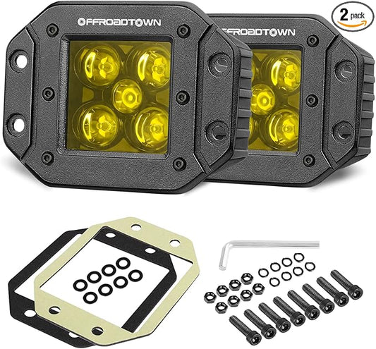 OFFROADTOWN 5 Inch Yellow Flush Mount LED Pods 2PCS 100W CREE LED Light Pods Spot Beam Off Road Driving Lights Fog Lights Reverse Lighting for Truck UTV ATV SUV Honda Chevy Boat