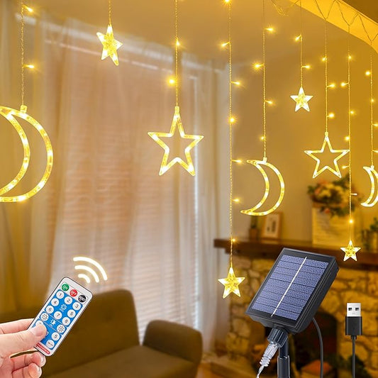 Ramadan Solar Icicle Lights,10.8ft 138 LED Outdoor Waterproof Moons Stars Curtain Window String with 8 Modes Timer Remote,USB Rechargeable Connectable Warm White Hanging Decor for Patio