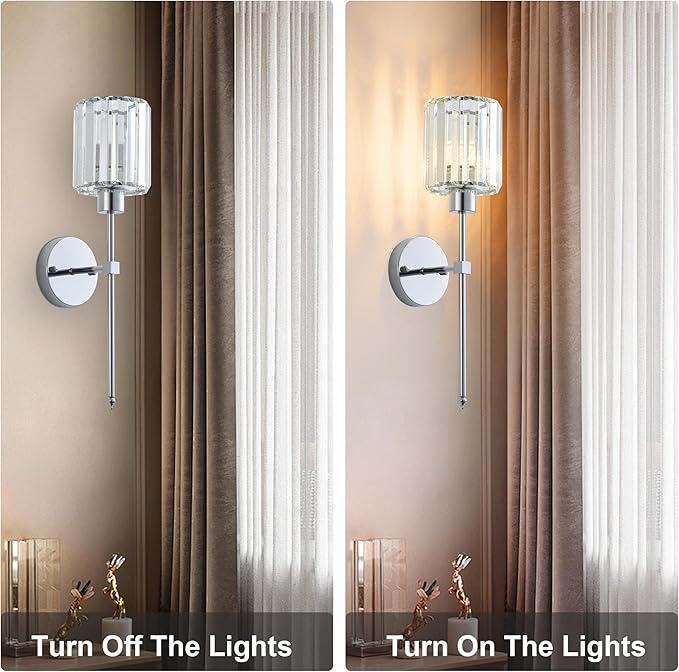 KARTOOSH Hardwired Crystal Wall Sconces Set of Two - Dimmable Wall Light Fixtures 3000K, Warm White, for Hallway, Bathroom, Living Room, Bedroom, Chrome, 20.1 Inch