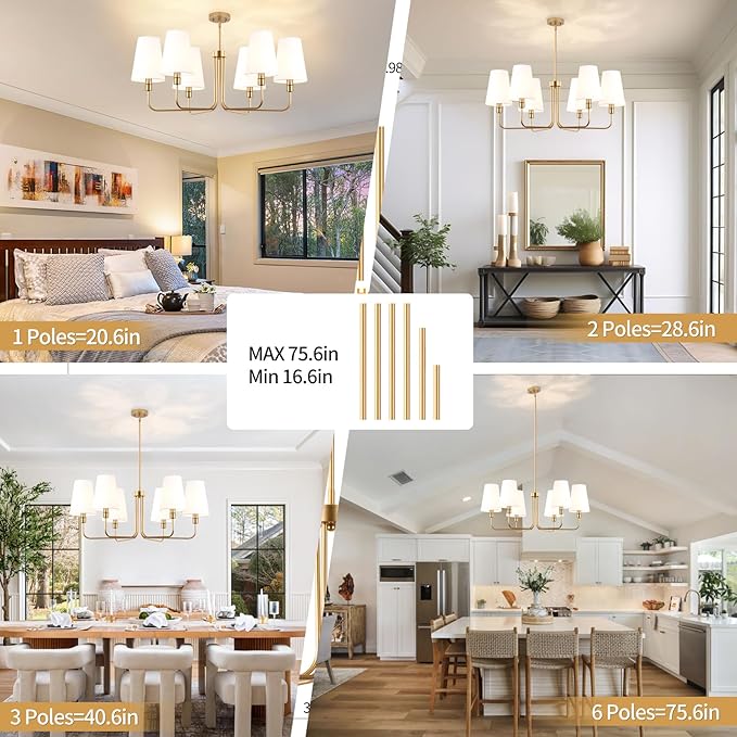 35.4in Gold Chandelier with Linen Fabric Shade 6-Light Modern Farmhouse Chandeliers for Dining Room Classic Island Lighting Adjustable Height Pendant Light for Dining Table Bedroom, E12