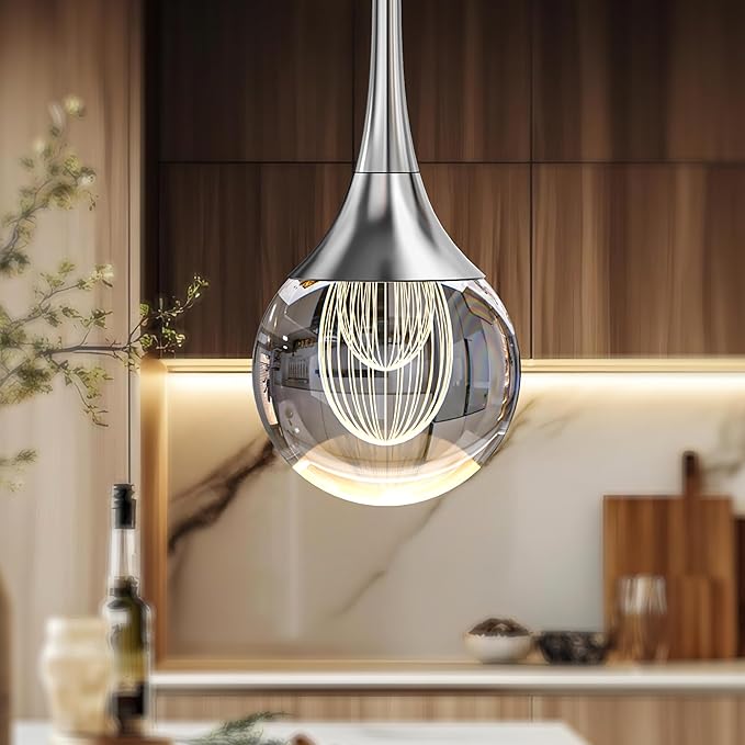 1-Pendant Lights Kitchen Island,Crystal Sliver Globe LED Chandelier, Modern Dimmable Adjustable Height Hanging Light Fixture,Sloped Ceiling,Bedroom,Dining Room
