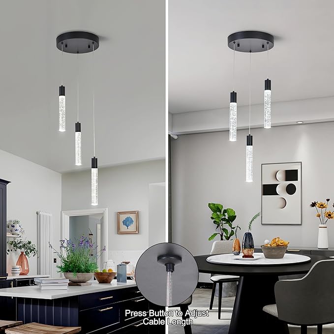 3-Light Bubble Crystal Ceiling Matte Black Integrated Crystal Pendant Chandelier,Dimmable LED Ceiling Light with Adjustable Height for Kitchen Island, Dining Room & Bedroom 3000K -6000K