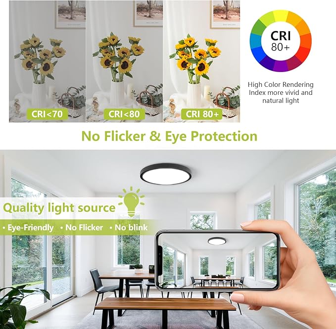 23.7 Inch LED Flush Mount Ceiling Light - Dimmable & 3 CCT Modes(3000/4000/6000K), 5000LM, 50W Ultra-Thin Low Profile Ceiling Light for Living Room, Kitchen, Hallway, Office, Black