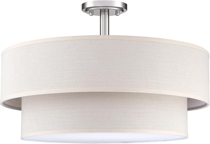 4 Light Semi Flush Mount Close to Ceiling Light Fixture,Cream Linen Fabric Shade Brushed Nickel Finish 18 inch for Bedroom,Living Room,Dining Room Hallway