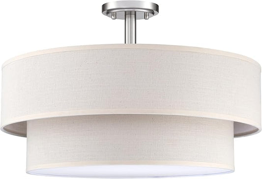 4 Light Semi Flush Mount Close to Ceiling Light Fixture,Cream Linen Fabric Shade Brushed Nickel Finish 18 inch for Bedroom,Living Room,Dining Room Hallway