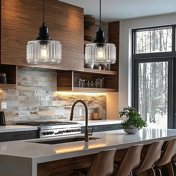 Vintage Pendant Lights Kitchen Island, Glass Kitchen Pendant Lighting Over Island, Farmhouse Pendant Light Fixtures for Kitchen Island, Bathroom, Bedroom, Dining Room, 2 Pack