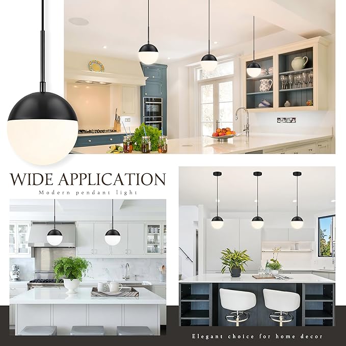 6 Inch Black 2 Pack Mid Century Modern Pendant Light Pendants for Kitchen Island Frosted Milky White Glass Globe Height-Adjustable Modern Hanging Globe Pendant Light for Bedroom (Bulb Incl)