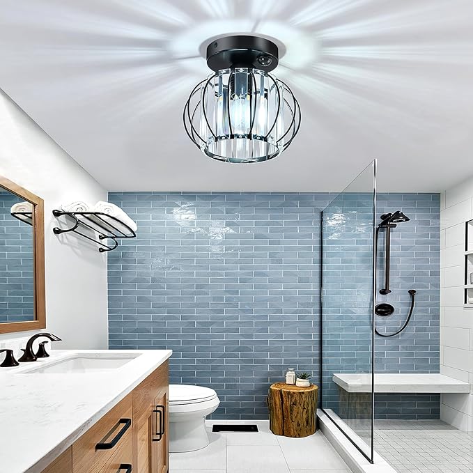 YYJLX Indoor Motion Sensor Ceiling Light Fixture Modern Cryatal Semi Flush Mount Ceiling Light Black Ovrehead Light Fixture for Porch Hallway Front Entryway Kitchen Hall Garage.