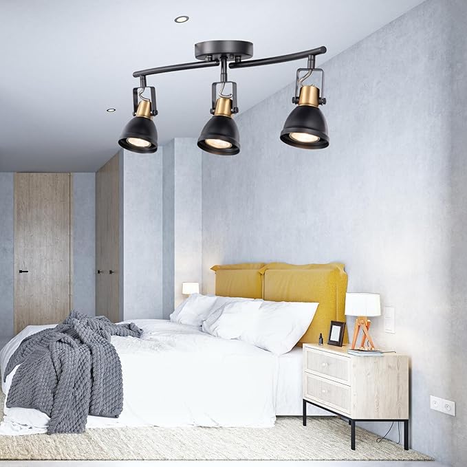 3 Light Foldable Track Lighting Kit, Matte Black Brass Finish Pivot Shades Rotatable Arm with GU10 Socket Modern Ceiling Spot Light for Kitchen,Bedroom,Living Room Home Improvement