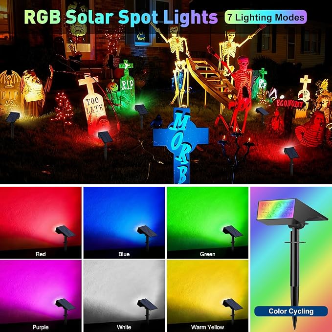 Solar Color Changing RGB Spot Lights Outdoor, 2 Pack/7 Lighting Modes Multicolor Outdoor Lights for Yard Waterproof IP68, Halloween Christmas Solar Landscape Powered Lights Garden Pathway