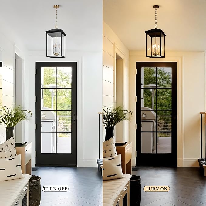 LamQee 21.2'' Large Outdoor Pendant Light Fixtures, 3-Light Modern Black Exterior Ceiling Hanging Lantern with Gold and White Candle, Outside Chandelier Lighting for Front Porch Entryway Patio Gazebo