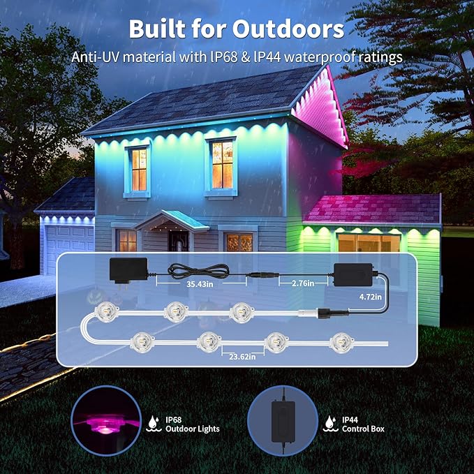 Permanent Outdoor Lights RGB 100FT/50LEDs Decor IP68 Waterproof Music Sync Eaves Lights with Remote&APP Control Suitable for Holiday Decoration Christmas Garden Party Decor Deck