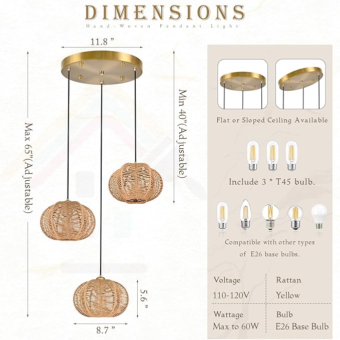 12" Boho Natural 3-Light Boho Chandeliers for Kitchen Island Hand-Woven Boho Rattan Chandeliers Dimmable Adjustable Hanging Chandelier for Dining Room Living Room Hallyway（Bulb Incl.