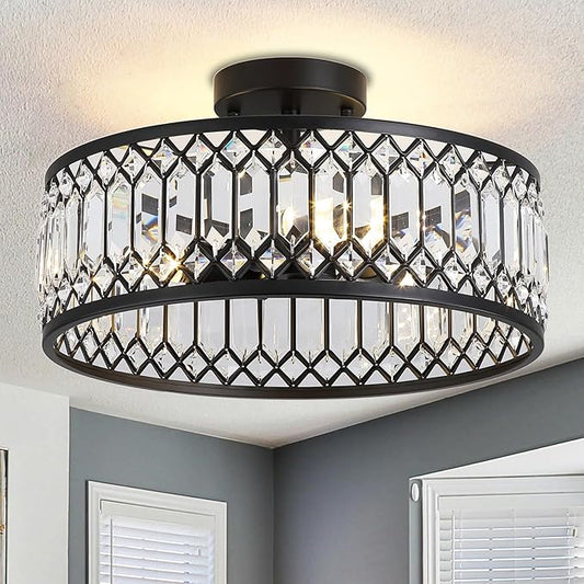 16" Black Crystal Ceiling Light, 3-Light Modern Semi Flush Mount Ceiling Light Fixture, Round Crystal Chandelier for Dining Room Bedroom Living Room Kitchen Hallway, E26 Sockets