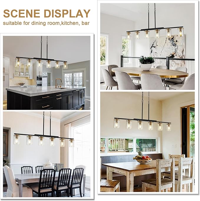 6-Light Kitchen Island Lighting,Dining Room Lights Modern Farmhouse Chandelier with Clear Glass Shade,Modern Rustic Black and Gold Metal Chandelier, Kitchen Pendant Light Fixtures Over Table