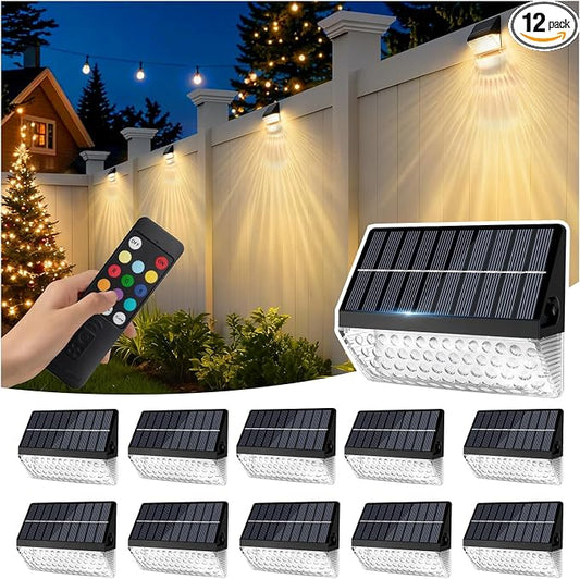 LumiZen Solar Fence Lights 12 Pack, 12 Modes RGB Color Glow LED Solar Lights with Remote Dimmable Outdoor Waterproof，Dusk to Dawn Solar Light for Patio, Backyard, Deck, Fence, Railing,Wall,Step