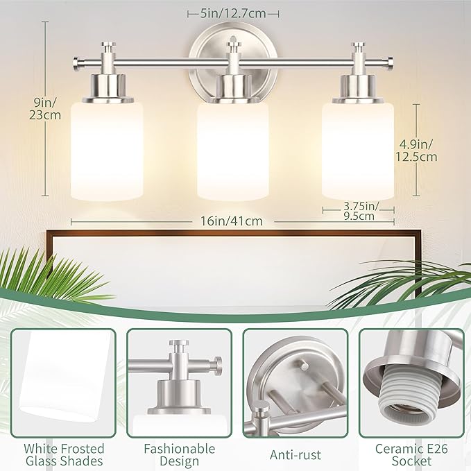 3-Light Bathroom Vanity Light Fixture, Brushed Nickel Compact Vanity Light with White Frosted Glass Shades for Mirror, Bathroom, Living Room, Modern Style, E26 Base, 16 Inch