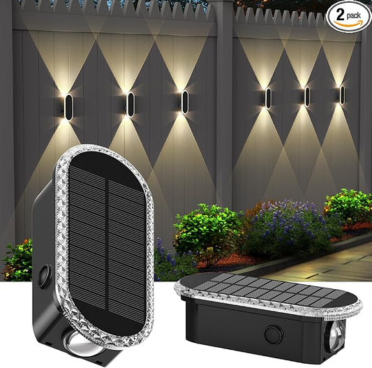 Herzila Solar Fence Lights - RGB & Warm White, LED Christmas Solar Lights Outdoor Waterproof 7 Colors,2 Lens Top and Bottom Lighting for Outdoor/Patio/Wall/Fence Pack of 2