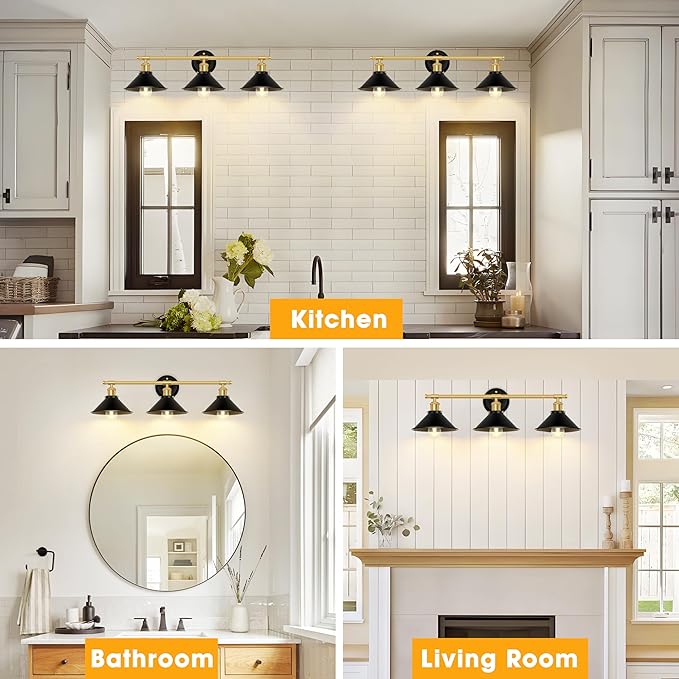 Licperron 3-Light Black and Gold Bathroom Lighting Fixtures, Farmhouse Vanity Wall Lights Over Mirror with Metal Shade, Indoor Bathroom Wall Mounted Lamp for Cabinet, Living Room, Kitchen
