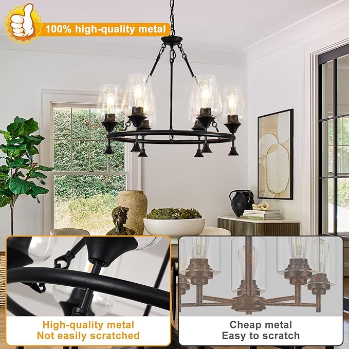 25" Farmhouse Chandelier, 6-Light Black Chandeliers for Dining Room Light Fixture Over Table with Clear Glass Shade, Industrial Hanging Pendant Lights for Kitchen Island Living Room Bedroom Entryway