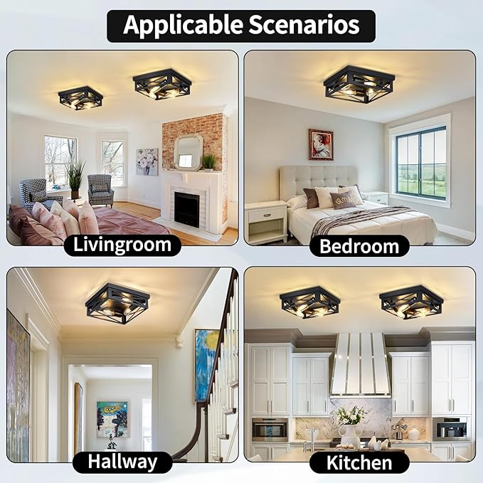 ZHU YAN 4-Light Black Hallway Light Fixture,Farmhouse Industrial Fixture with E26 Base,Cage Ceiling Fixture for Kitchen,Living Room,Hallway,Bedroom 1 Pack