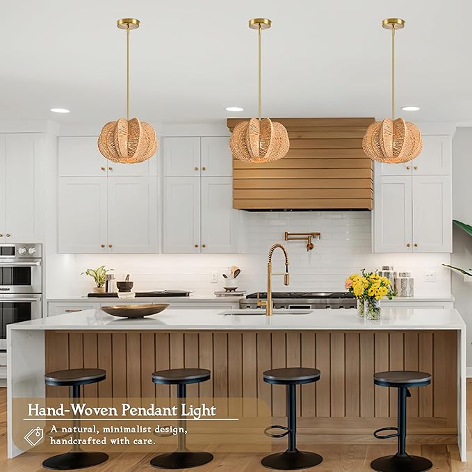 Rattan Pendant Light 12.6 in Hemp Rope Rattan Light Fixture Woven Pendant Wicker Chandelier Boho Chandelier for Hallyway