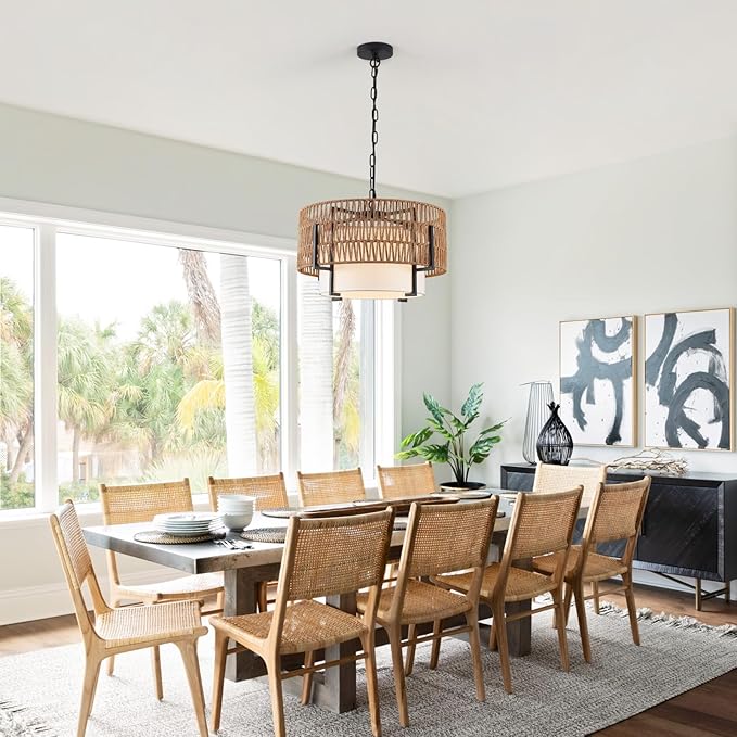 4-Light Boho Rattan Chandelier, 18" Rattan Pendant Light with Fabric Shade, Farmhouse Boho Hanging Chandelier for Dining Room, Living Room, Kitchen Island, Bedroom, Hallway, Foyer