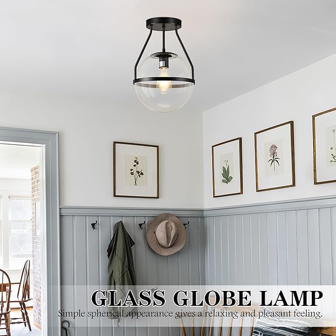 Bagood 10" Mid Century Ceiling Light Modern Black Semi Flush Mount Ceiling Light with Clear Glass Shade Globe Semi Flush Mount Ceiling Light Fixture for Bedroom Hallway Bathroom Foyer (Bulb Incl.)