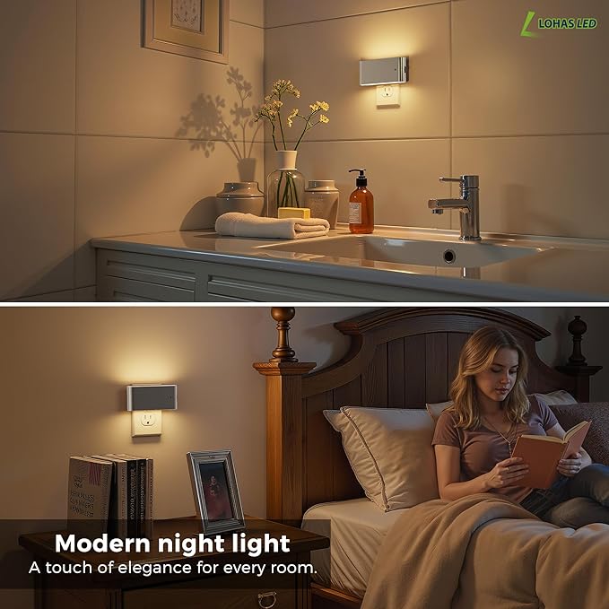 L LOHAS LED Night Light, 2 Pack Dimmable Modern LED Night Lights Plug into Wall,Dusk to Dawn Sensor Night Lights for Kid, 0-100LM 3000K Soft White Nightlight for Hallway Bedroom Stairway(Silver)