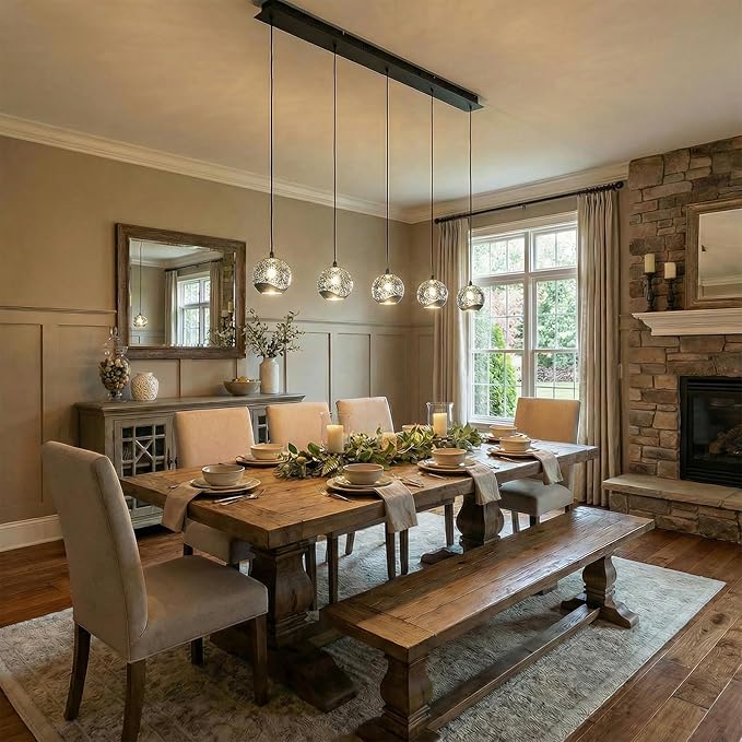 37.8" LED Linear Pendant Light Fixtures, 5-Light Black Linear Chandelier with Bubble Glass Globes, LED 3000K Warm White, Modern Island Lights for Kitchen Living Room Ceiling Hanging, Hardwired