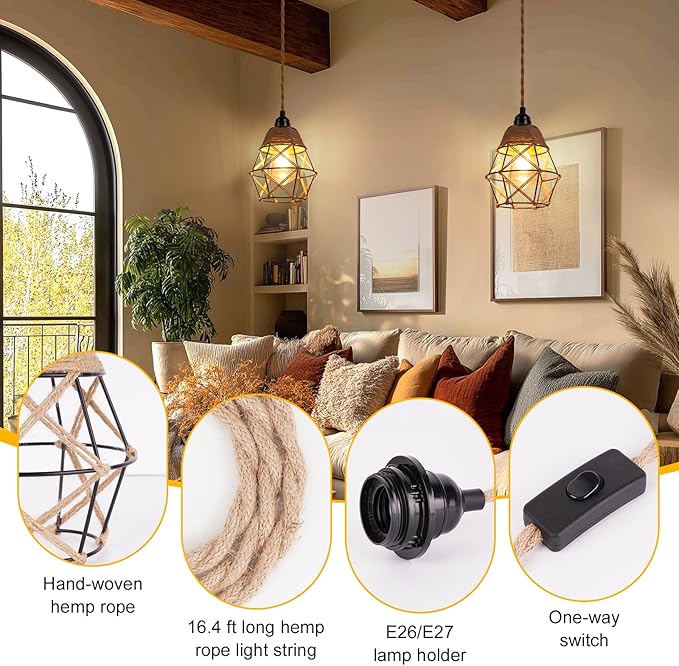 Industrial 15ft Pendant Lights - Hanging Light Kit with Switch Plug in Vintage Fabric Lamp with Twisted Hemp Rope Pendant Lights Socket E26 E27 for Pendant Lamp (Hemp Rope Brown, 7-Fishnet Shade)