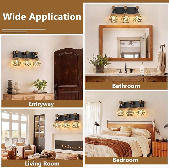 LmnLvn Farmhouse Bathroom Light Fixture, 3-Light Black Rattan Vanity Light, Boho Bathroom Light Fixture Over Mirror Rustic Vanity Lighting with Handwoven Shades, Suit for Restroom, Bedroom, Hallway