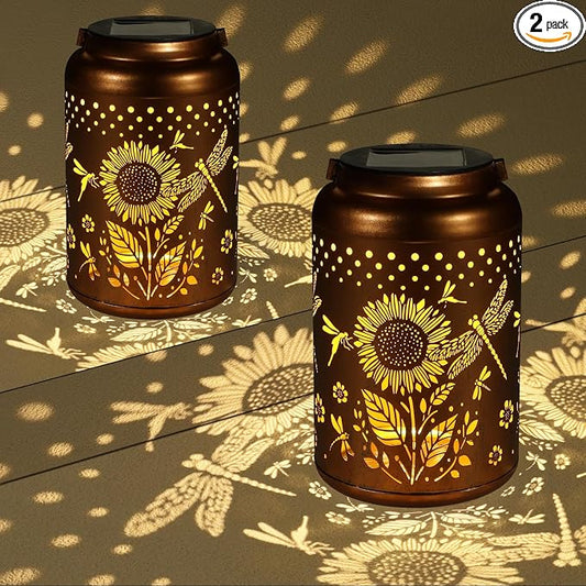 2 Pack Solar Lanterns Outdoor Waterproof, Dragonflies Garden Decor Gifts for Women Mom Grandma Hanging Solar Lights Metal Decoration Outside for Yard, Pati(Sunflowers)