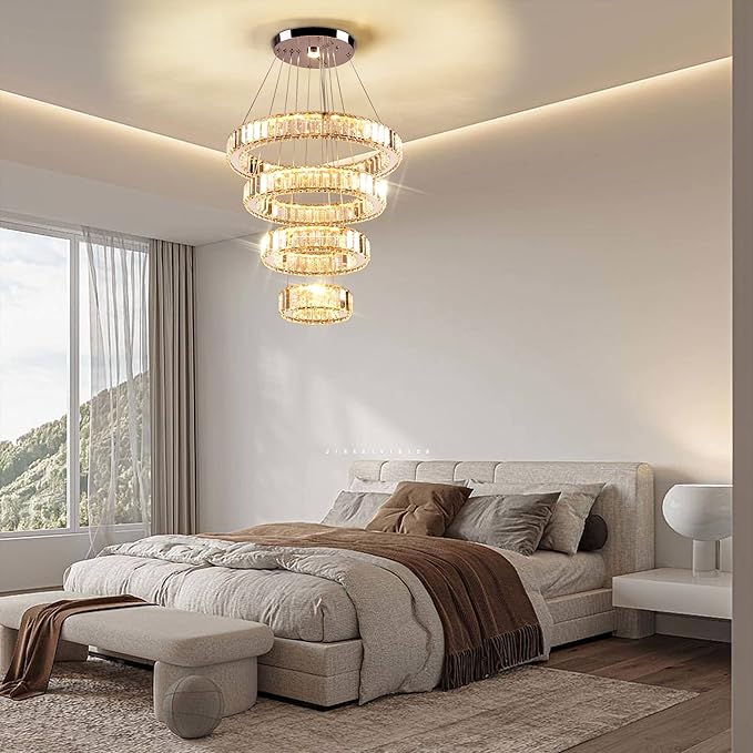 Modern Crystal Chandeliers 4 Ring LED Crystal Pendant Light DIY Adjustable High Chandelier for Dining Room Living Room Bedroom 3 Color Changeable