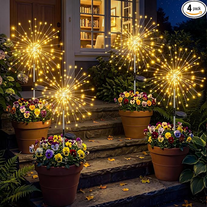 btfarm 4 Pack 120 LED Solar Garden Lights Outdoor, 8 Modes Firework Lights Solar Powered, Waterproof Twinkle Fairy Light Outside for Yard Patio Pathway Pool Christmas Party Decorative, Warm White