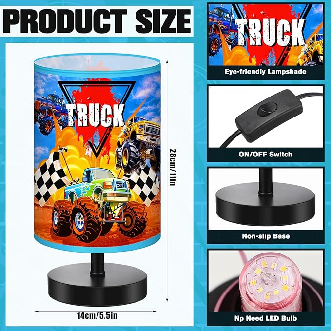 Glooglitter Monster Truck Themed Table Lamp 3 Colors Dimmable Lights 9.72 x 5.12 Inch Monster Truck Themed Night Light Bedside Lamps Decoration for Bedroom Desk Birthday Gifts for Christmas Home Decor