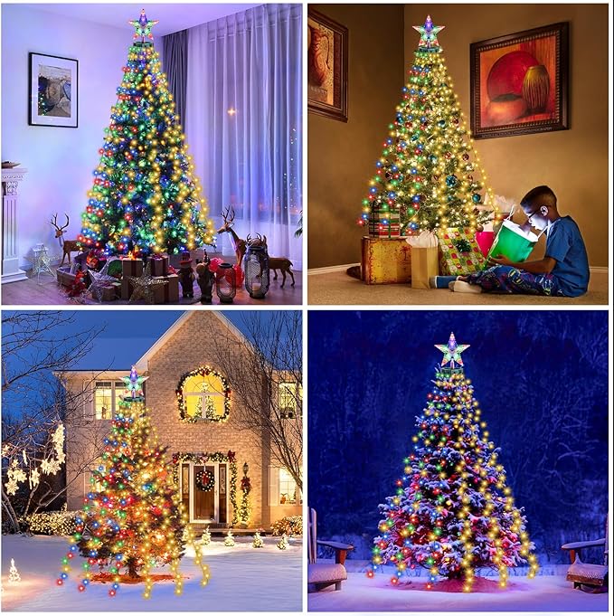 Christmas Tree Lights with Star Topper, 410LED Christmas String Lights with Ring for Tree, 6.6FT x 16 Lines Fairy Lights with 11 Modes for Indoor Outdoor Xmas Tree Decor, Warm White & Multi-Colored