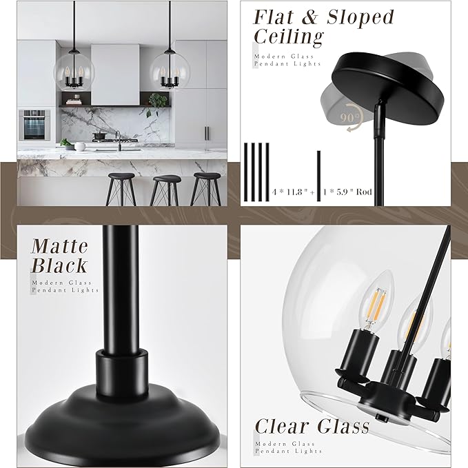 12" Globe Pendant Lights Kitchen Island Glass Globe Pendant Light Fixture Bedroom Mid Century Modern Pendant Lighting Black Pendant Light for Kitchen Island Dinning Room (Bulb Incl.)