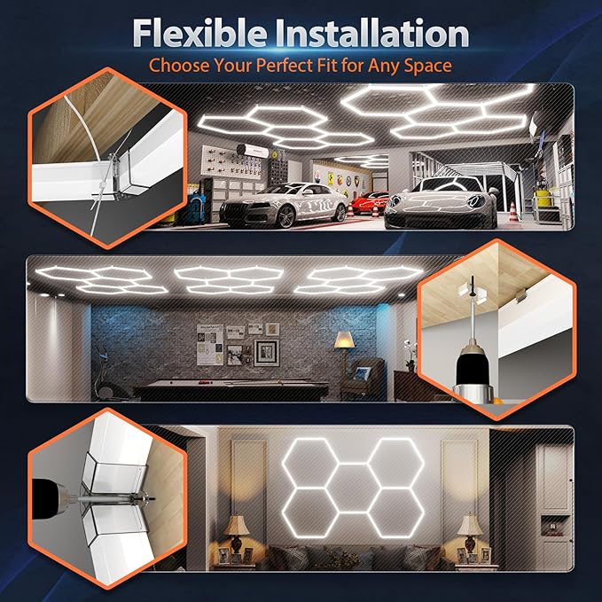 Hexagon Garage Lights: 322W 11 Grids Hexagon LED Lights - Easy Install 6500K Super Bright Honeycomb Lights Ceiling for Garage, Warehouse, Car Detailing Shop, Exhibition Hall, Gym