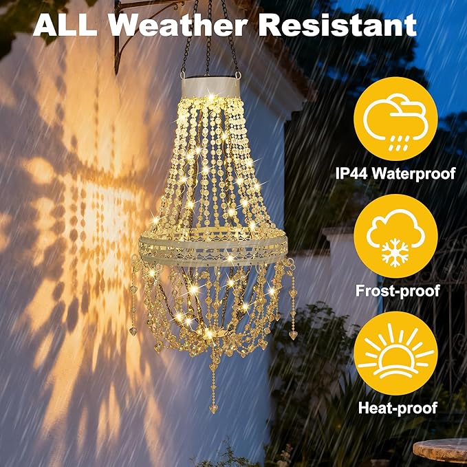 Hanging Solar Lantern Outdoor Chandelier, Waterproof Modern Crystal Acrylic Pendant Light with Warm White LED S Hook Gifts for Women Garden Decor Light for Gazebo, Patio, Yard, Party, Wedding