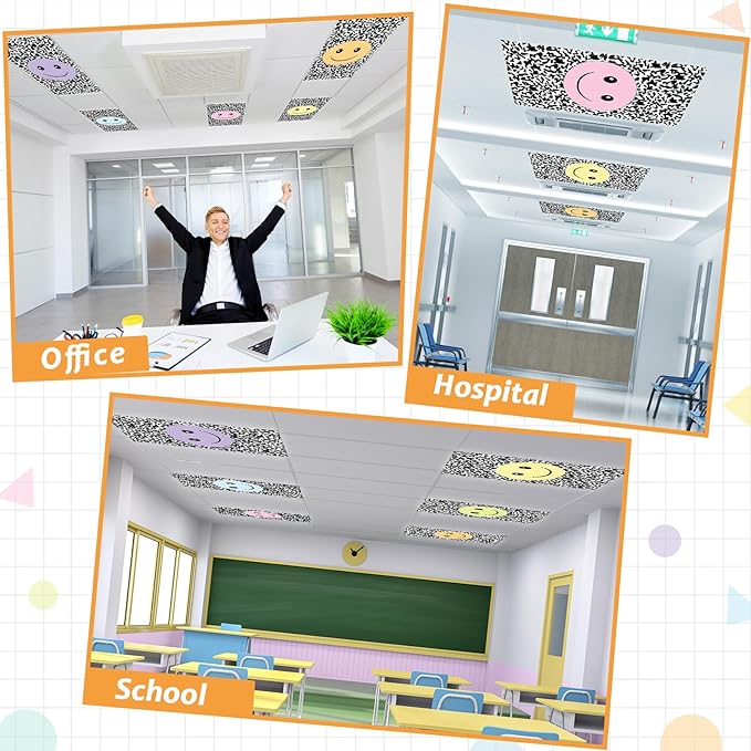 Wiooffen 8 Pcs Smile Face Fluorescent Light Cover with 80 Magnets Decorative for Classroom Ceiling Light 4x2 Feet Magnetic Filter Easy Install for Office Hospitals Drop Ceiling Supplies (Pastel Color)