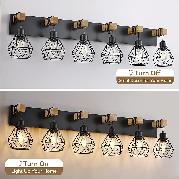 Farmhouse Bathroom Vanity Light Fixtures, 6-Light Wood Bathroom Light Fixtures Over Mirror, Rustic Sconces Wall Lighting with Elegant Metal Lampshade for Living Room, Bedroom, Hallway