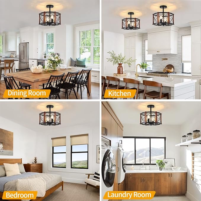 4-Light Farmhouse Wood Semi Flush Mount Ceiling Light, Black Hallway Light Fixtures, Rustic Industrial Close to Ceiling Light Fixtures for Kitchen Entryway Laundry Dining Room Ceiling Light Fixture