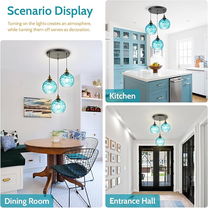 3 light Cluster Pendant Light, Mid Century Modern Dining Room Light Fixtures over Table, Kitchen Island Lights Ceiling Hanging Black, Blue Hammered Glass Chandelier Multi Pendant Light Fixture
