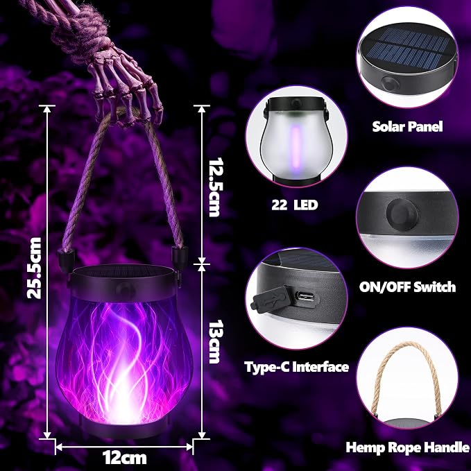 iBaycon 2 Pack Gen2 Solar Lantern Lights USB Halloween Flame Lamp, Purple | Solar Garden Lights with Dual Charging USB & Solar, 2 Modes Outdoor Waterproof Hanging Lantern for Home Halloween Decor
